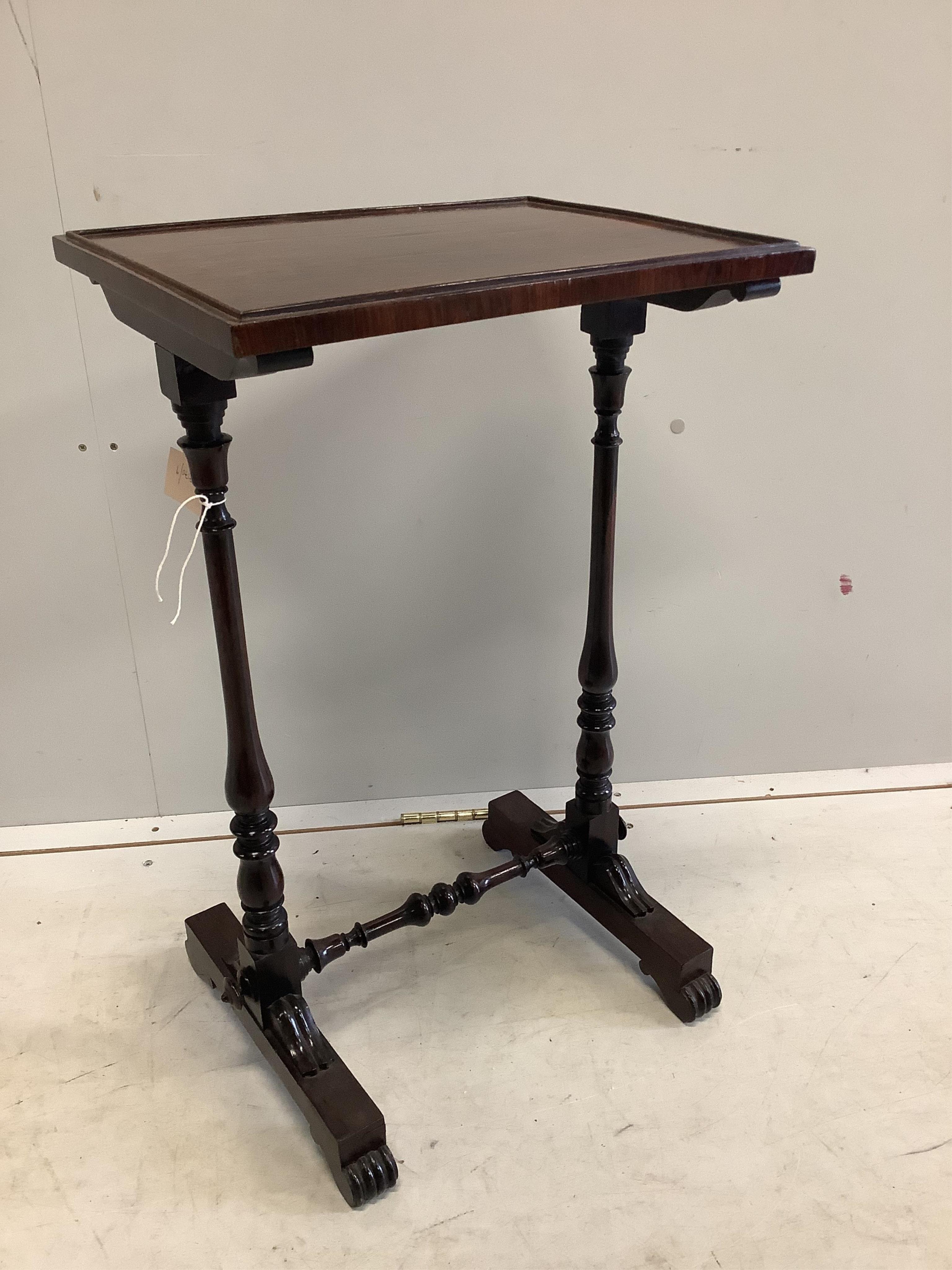 A Regency rectangular rosewood stretcher base side table, width 41cm, depth 33cm, height 69cm. Condition - fair to good